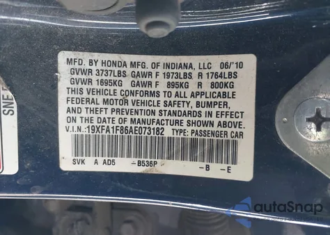 2010 Honda Civic Ex from USA, damaged, VIN 19XFA1F86AE073182